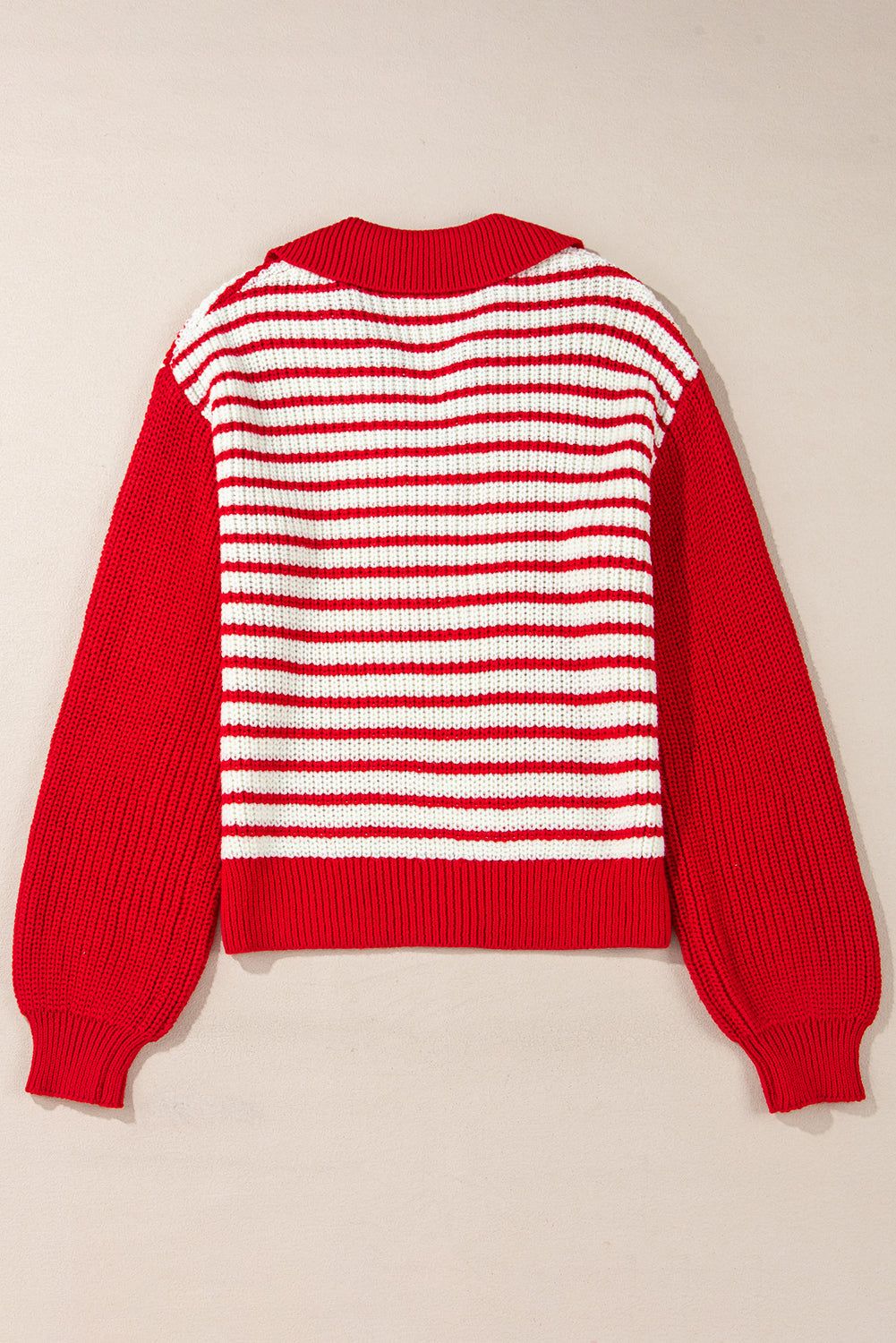 Red Stripe Lantern Sleeve V Neck Collared Drop Shoulder Sweater