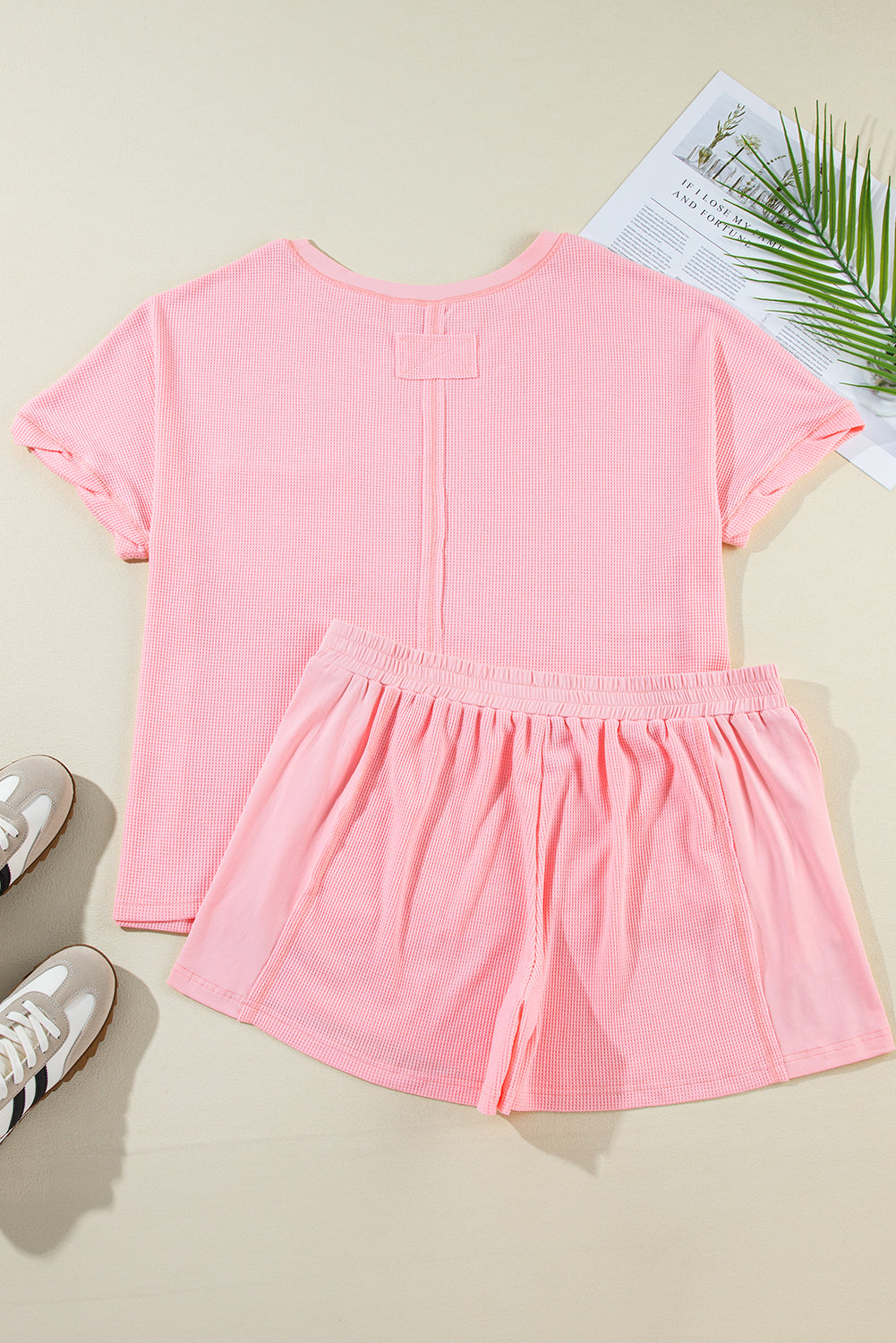 Pink Plus Size Ribbed Exposed Seam Tee and Shorts Set