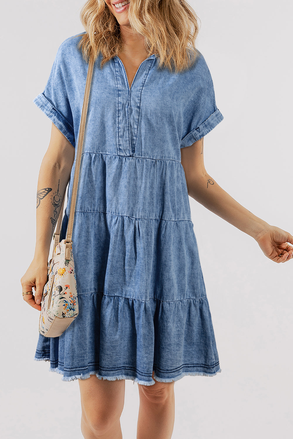 Sky Blue Acid Wash V Neck Tiered Denim Dress