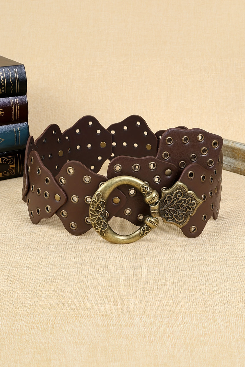Chestnut Y2K Antique Bronze Circle Grommet Detail Western Leather Belt