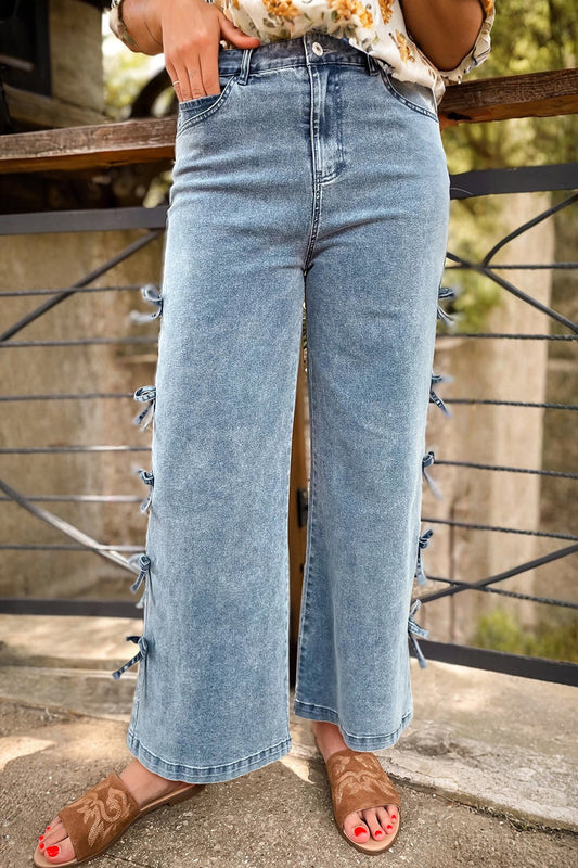 Beau Blue Bow Knot Side Detail Straight Leg Loose Jeans