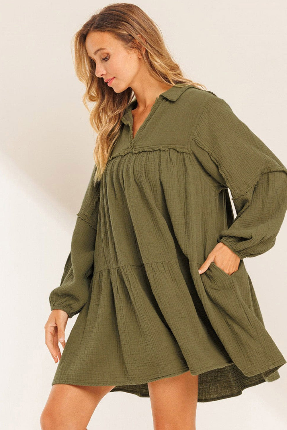 Green Frayed Trim Split Neck Puff Sleeve Flared Dress