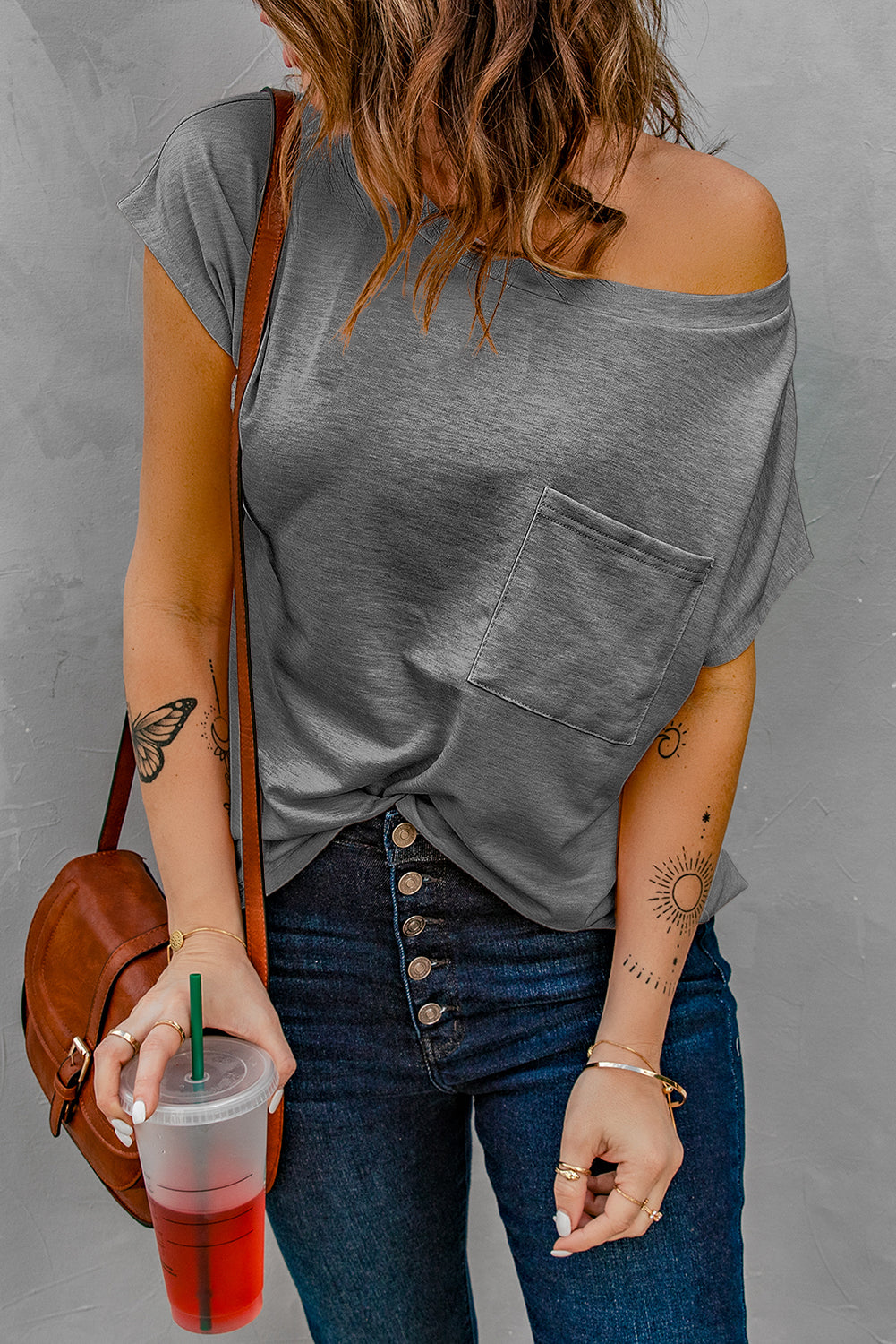 Gray Pocketed Tee with Side Slits