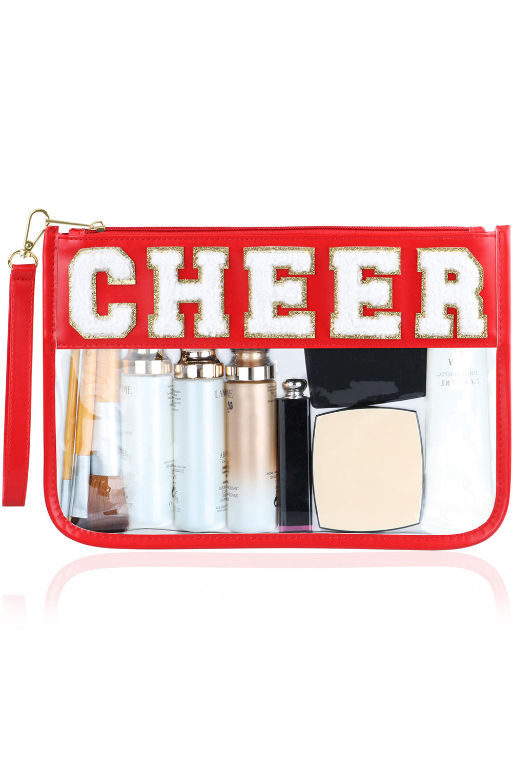 Fiery Red CHEER Chenille Letter PU Leather Patchwork Clear Makeup Bag