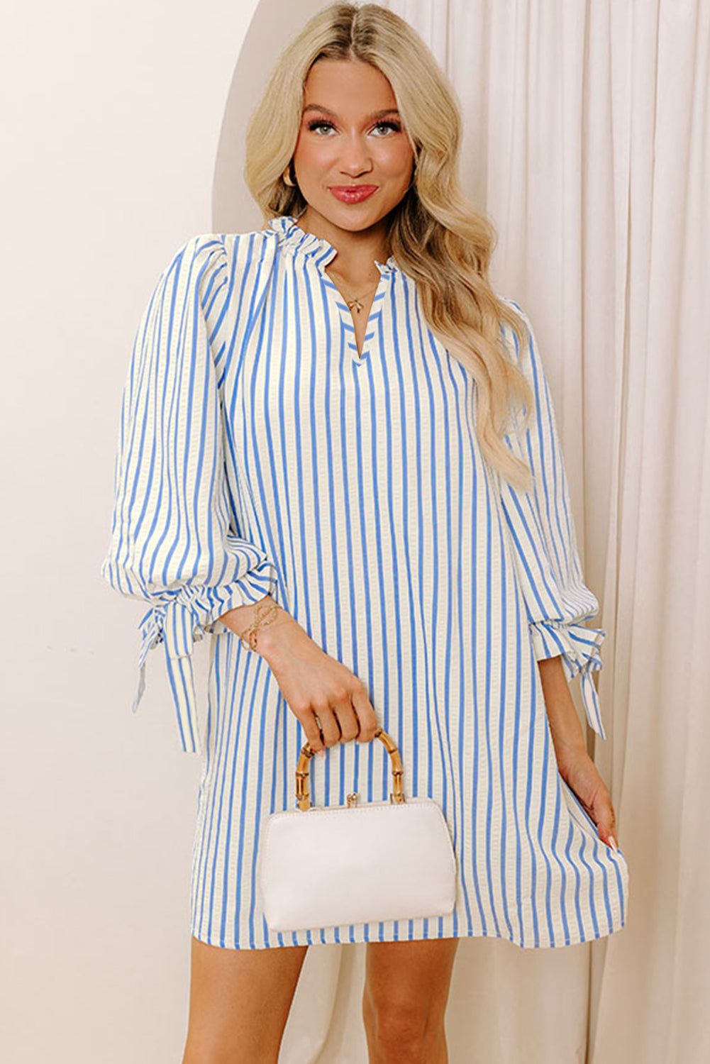 Sky Blue Stripe Knotted Bracelet Sleeve Notched Neck Shift Mini Dress