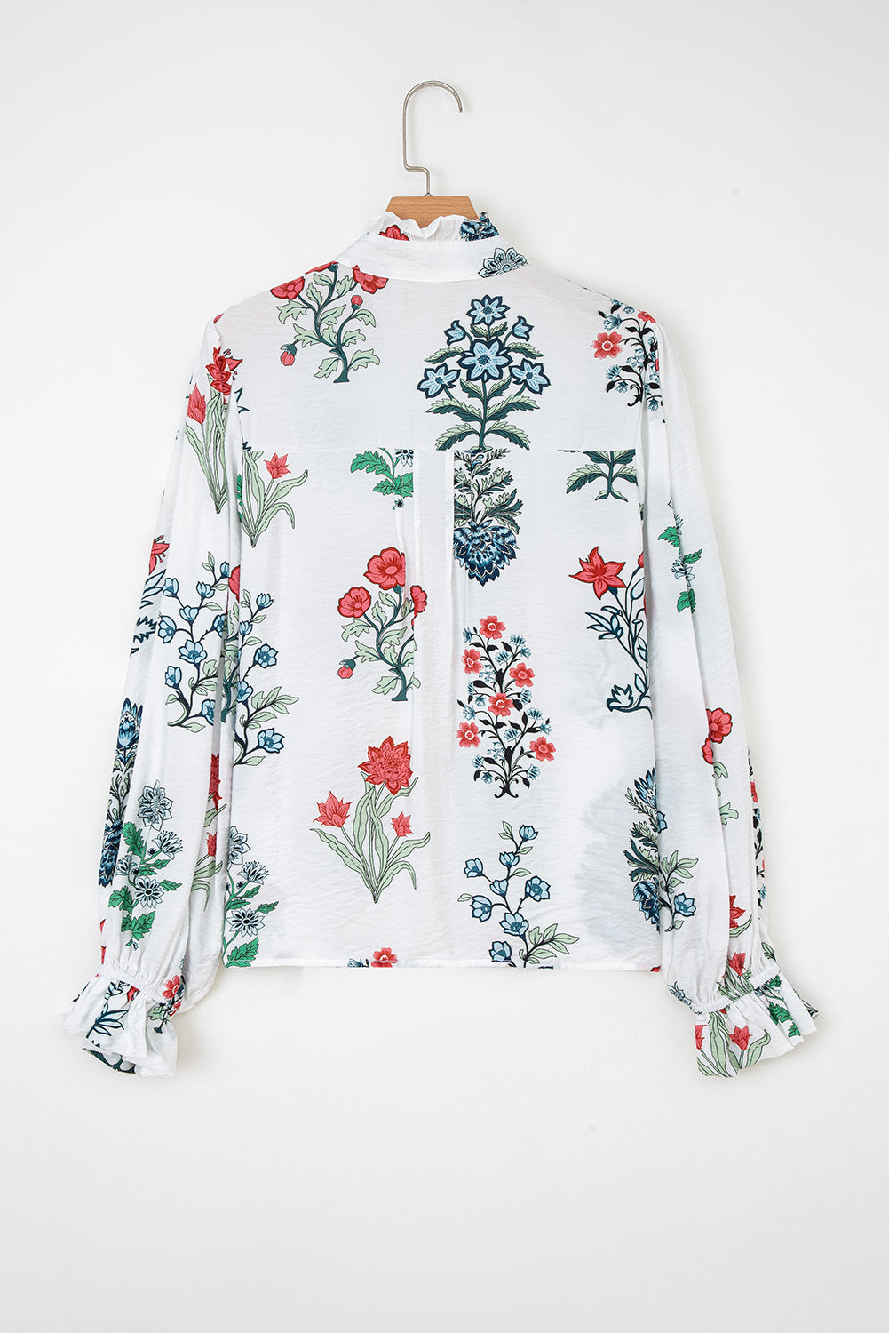 White Floral Print Frilled Collar V Neck Button Down Long Sleeve Shirt