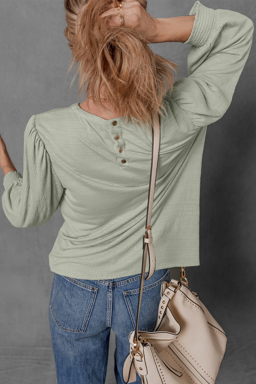 Laurel Green Textured Round Neck Half Sleeve Blouse