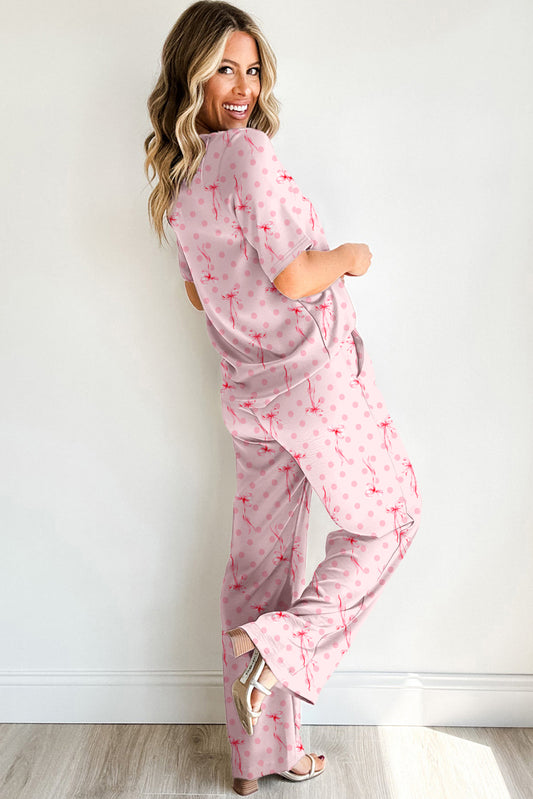Pink Bow Knot Polka Dot Print Short Sleeve Top Lounge Set