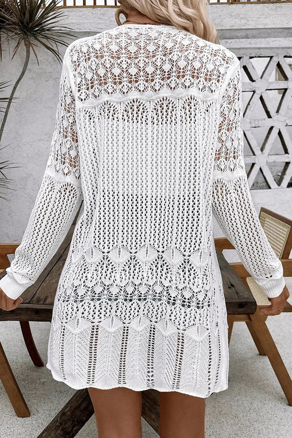 White Crochet Hollow Out Open Front Cardigan