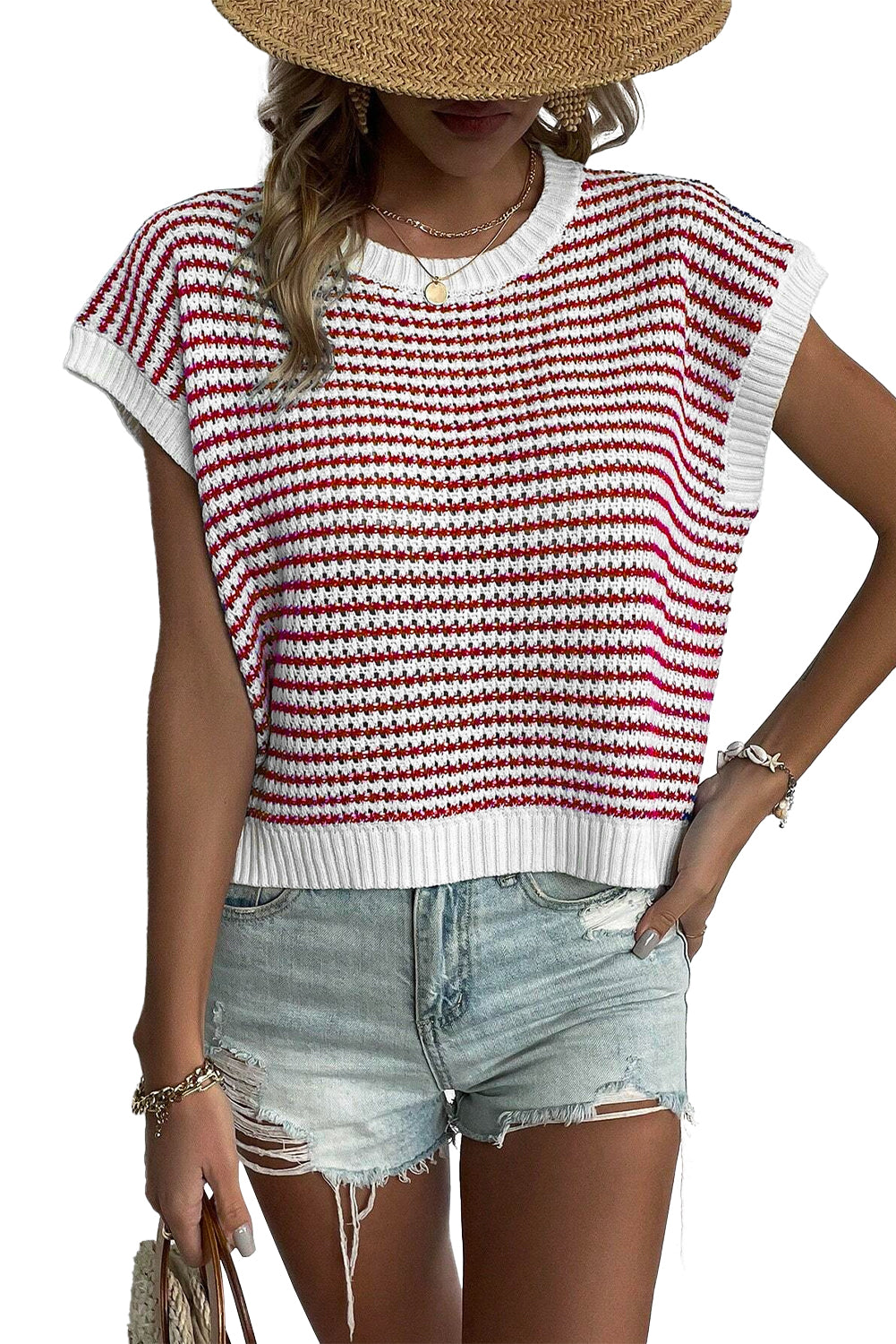 Red Stripe Ribbed Trim Loose Fit Knitted Sweater Vest