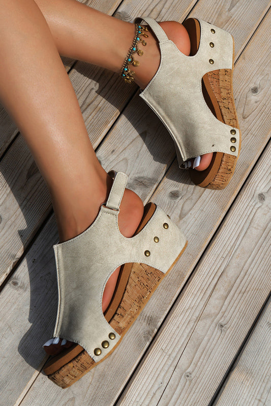Vintage Leather Stitching Studded Wedge Sandals