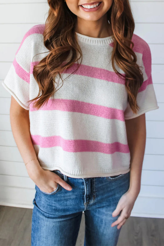 Pink Stripe Dropped Short Sleeve Lightweight Knitted Top