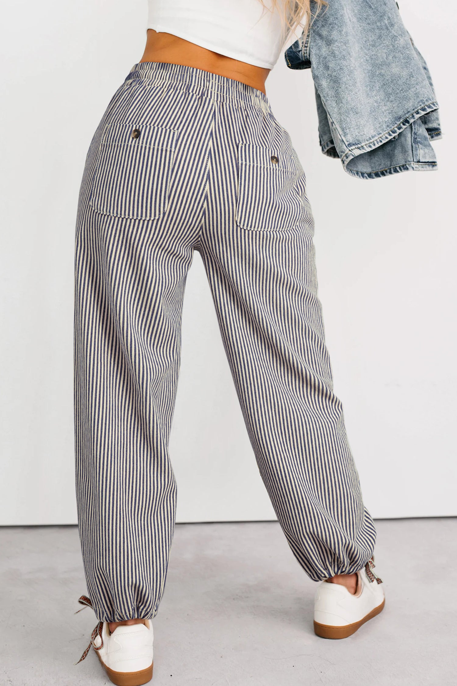 Khaki Stripe Button Patch Pocket Drawstring Elastic Waist Loose Pants
