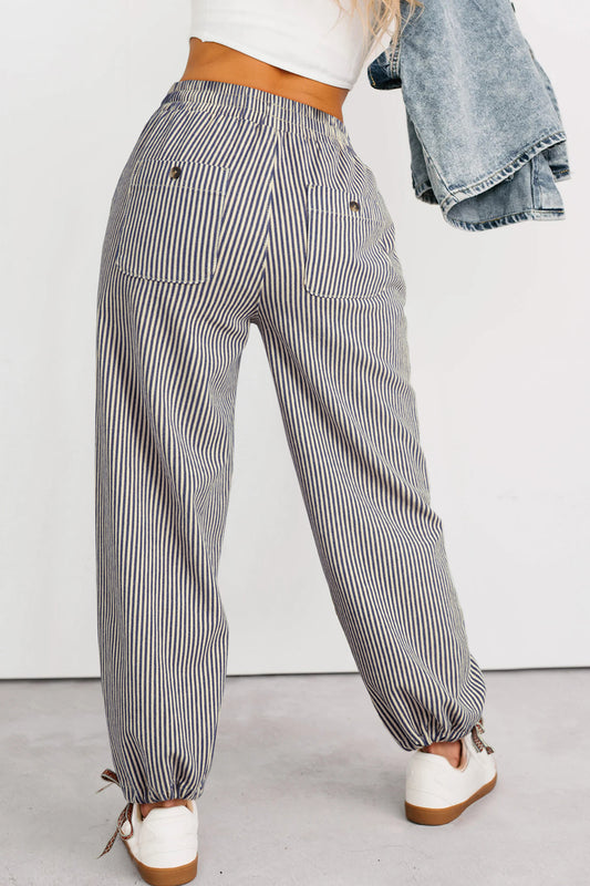 Khaki Stripe Button Patch Pocket Drawstring Elastic Waist Loose Pants