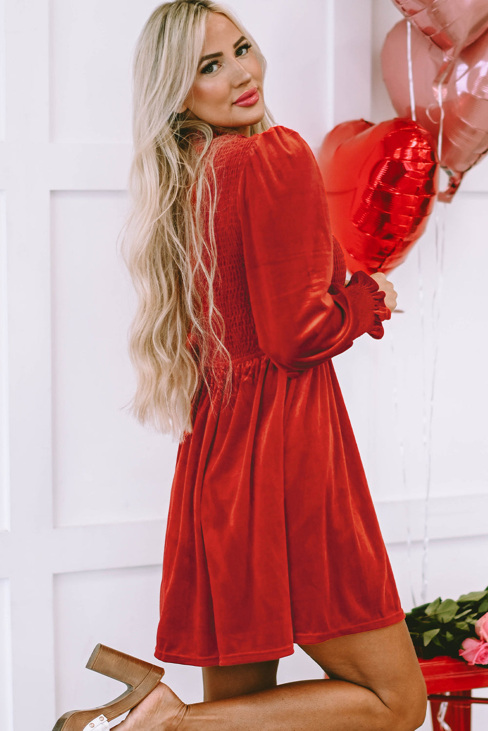 Red Clay Frilled Neck Smocked Bodice Velvet Dress