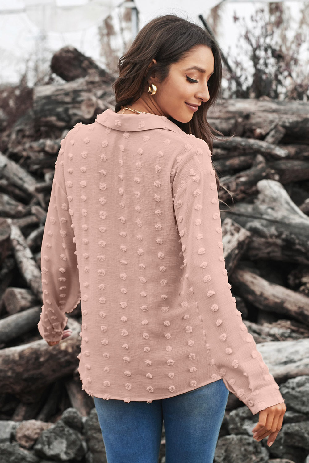 Long Sleeve Button Fuzzy Polka Dot Shirt