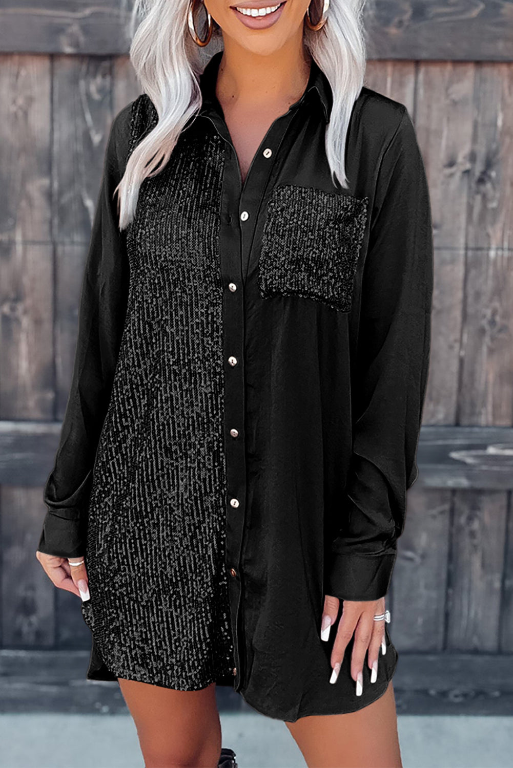 Black Sequin Splicing Pocket Buttoned Shirt Dress