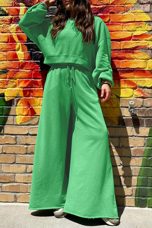 Bright Green Drop Shoulder Puff Sleeve Crop Pullover Drawstring Wide Leg Pants Set