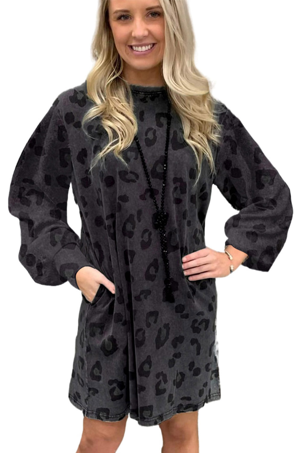 Gray Leopard Pocketed Puff Sleeve Mini Dress