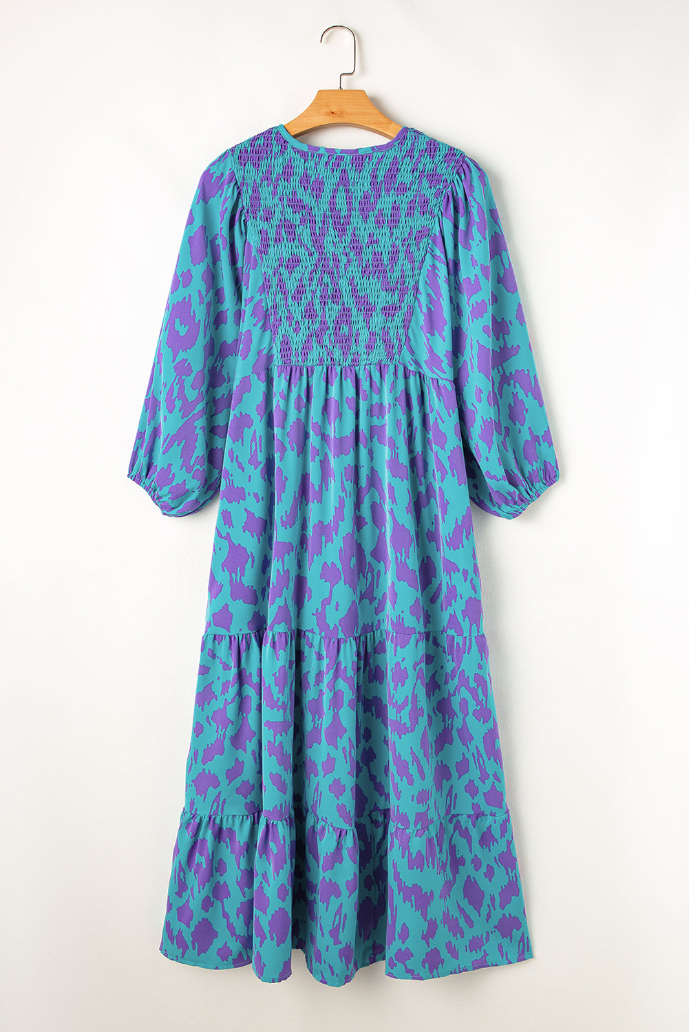 Sky Blue Abstract Print Puff Sleeve Tied Notched Neck Long Dress