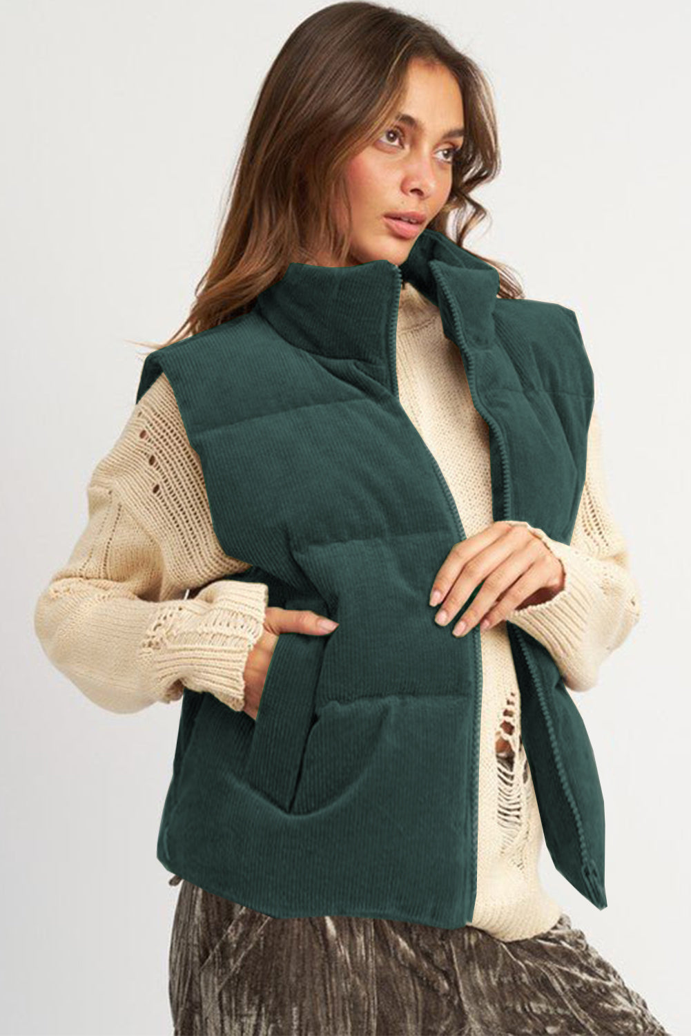 Jungle Green Corduroy Stand Neck Zipped Puffer Vest