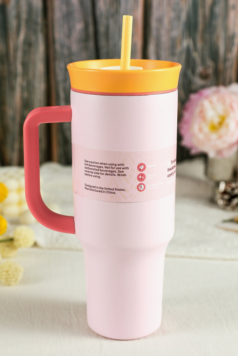 Light Pink Color Block Handle Lid Stainless Steel Insulation Tumbler with Straw