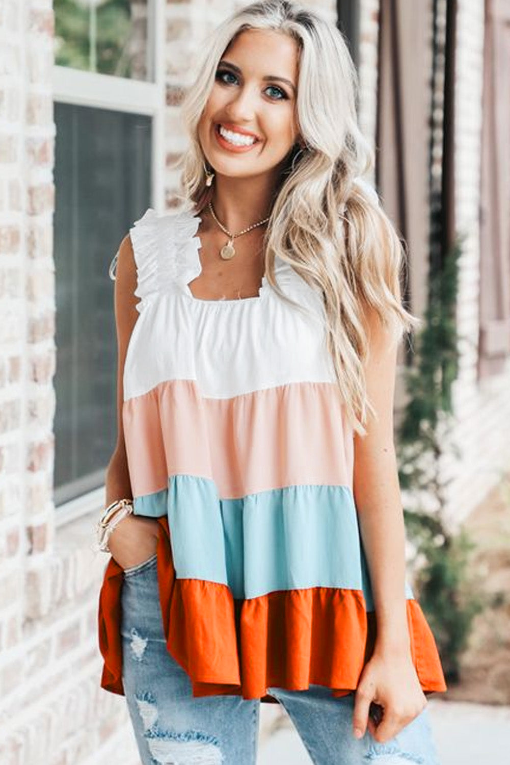 White Frill Straps Color Block Tiered Tank Top