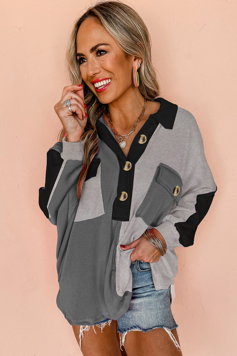 Gray Colorblock Ribbed Collared Oversized Sweatshirt