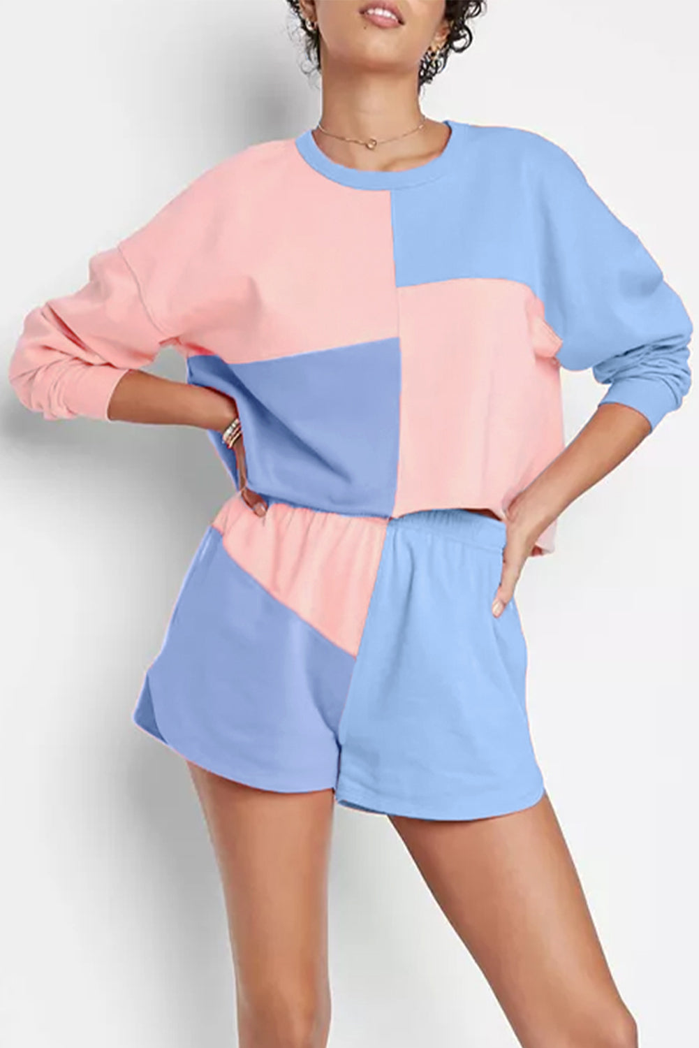 Sky Blue Colorblock Patchwork Long Sleeve Shorts Outfit