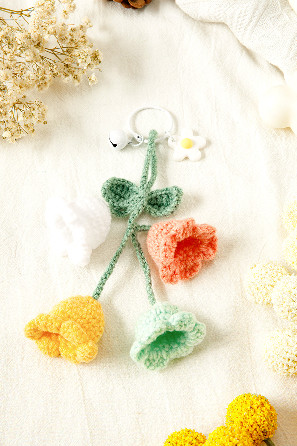 Meadow Mist Green Handmade Crochet Bell Orchid Flower Key Ring Bag Pendant
