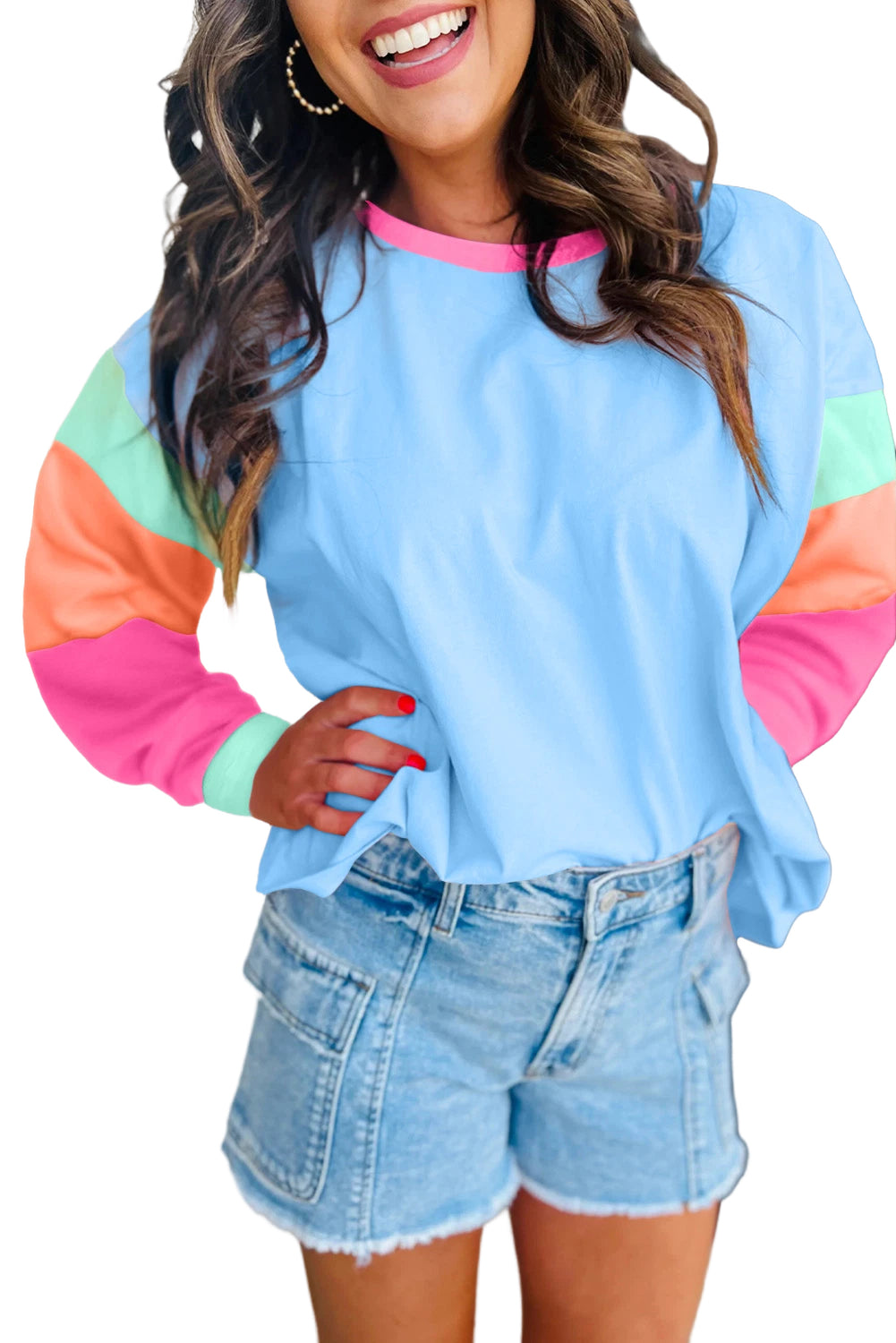 Dark Blue Colorblock Patchwork Long Sleeve Loose Top