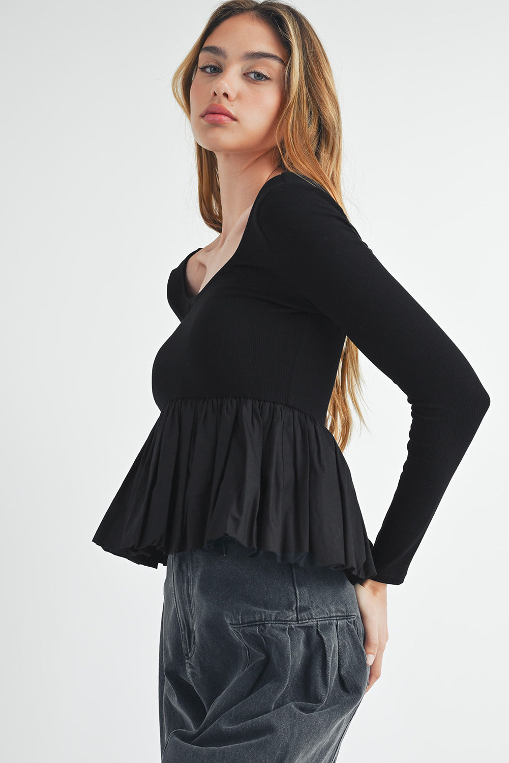 Black Ribbed Knit Long Sleeve Scoop Neck Peplum Patchwork Top