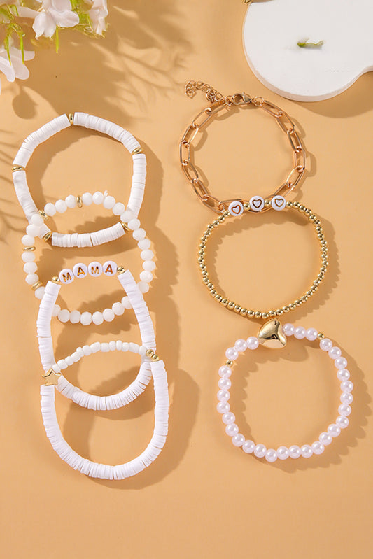 White MAMA Heart Pearl Beaded Chain Multi Layer Bracelet