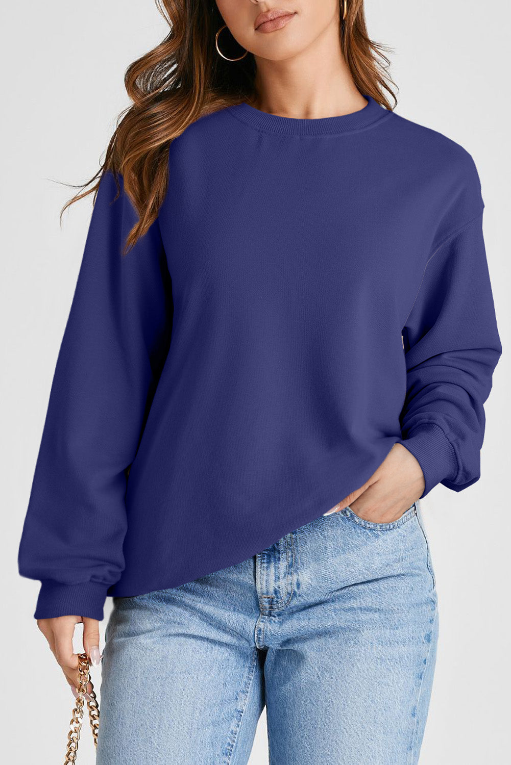 Navy Blue Plain Drop Shoulder Crewneck Pullover Sweatshirt