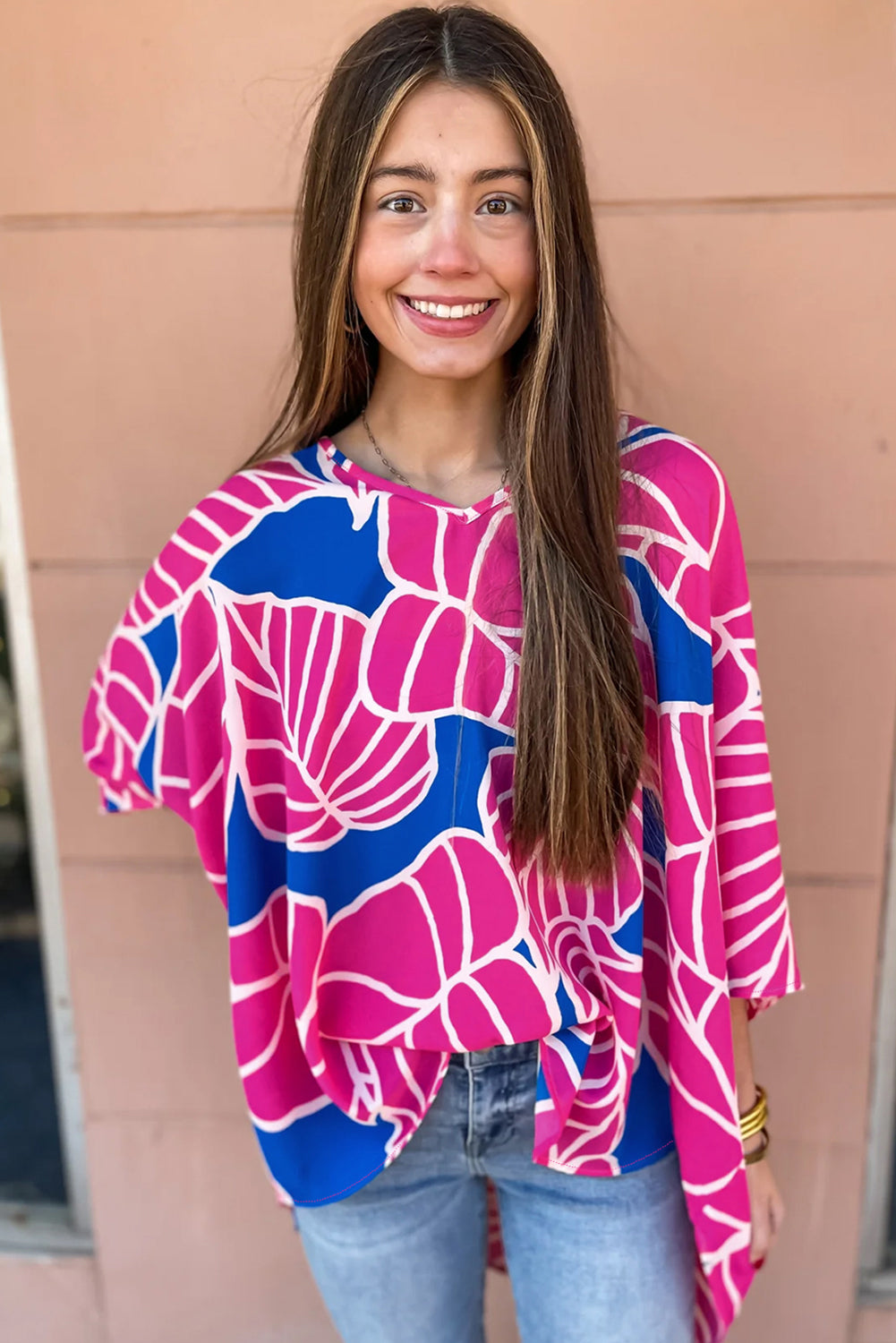 Rose Red Floral Print 3/4 Sleeve V Neck Baggy Blouse