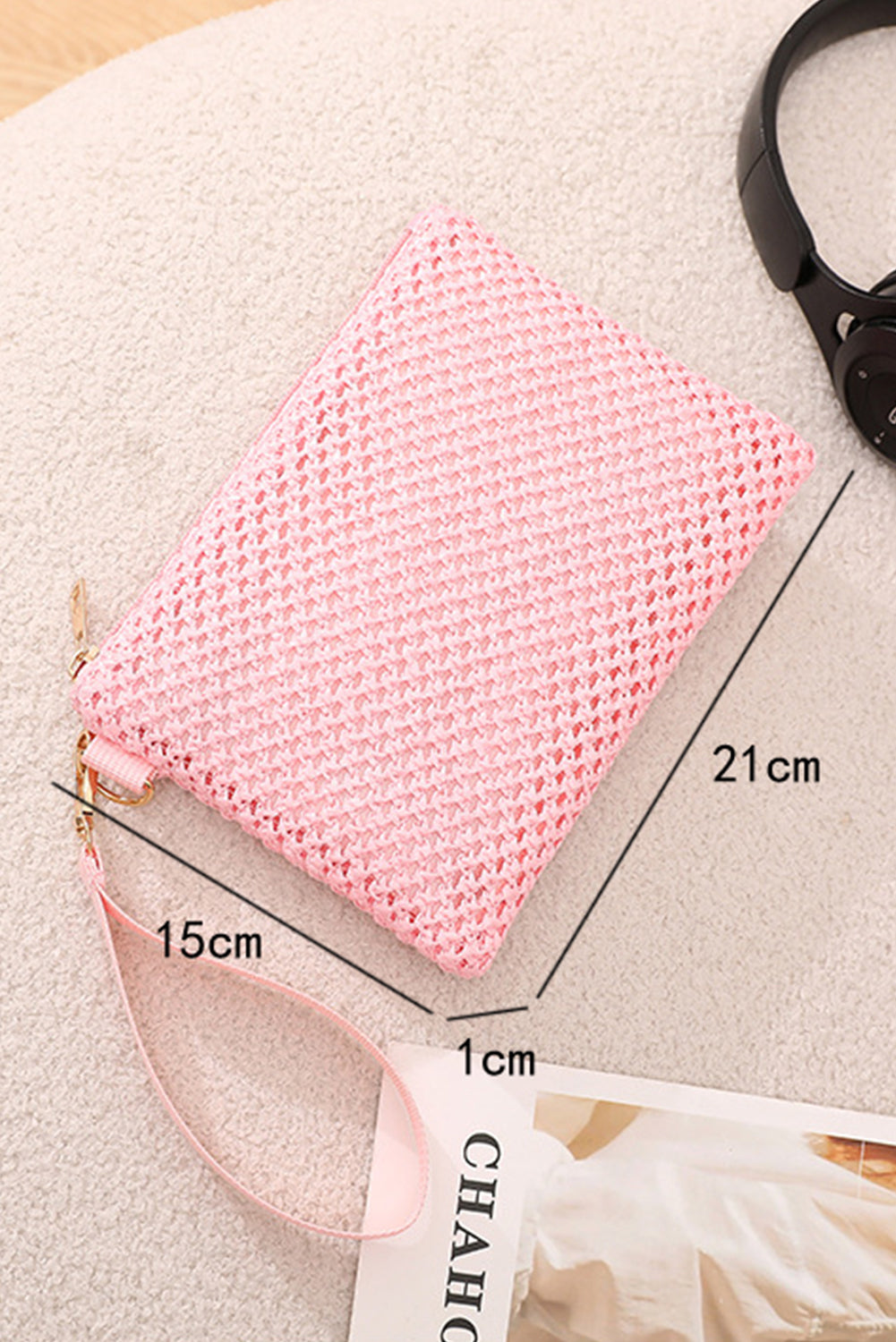 Pink Woven Zipper Wrist Strap Square Handbag