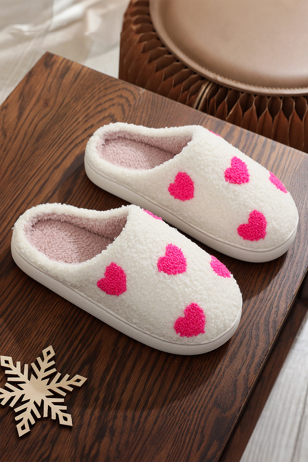 Pink Heart Pattern Valentines Fuzzy Winter Slippers