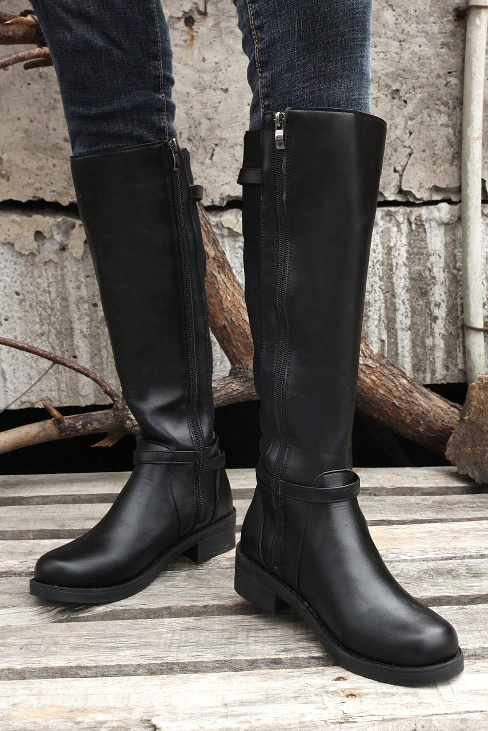 Black Side Zipper Knee High Chunky Low Heel Boots