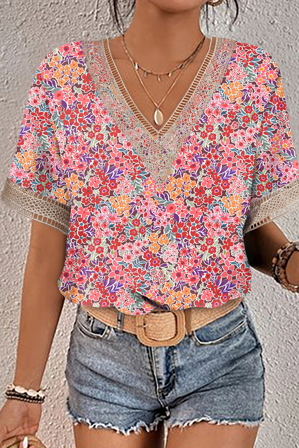 Multicolor Lace Trim V Neck Short Sleeve Blouse
