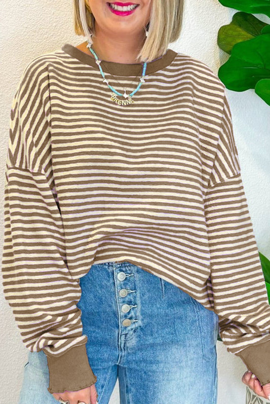 Brown Stripe Loose Drop Shoulder Long Sleeve Top