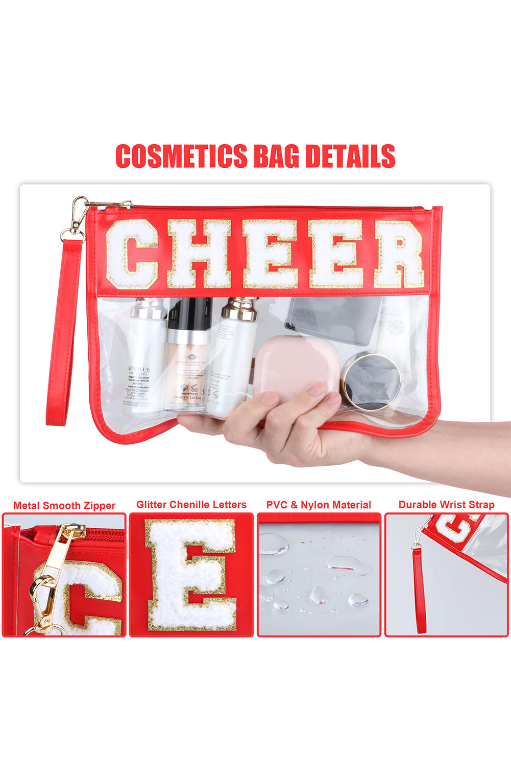 Fiery Red CHEER Chenille Letter PU Leather Patchwork Clear Makeup Bag