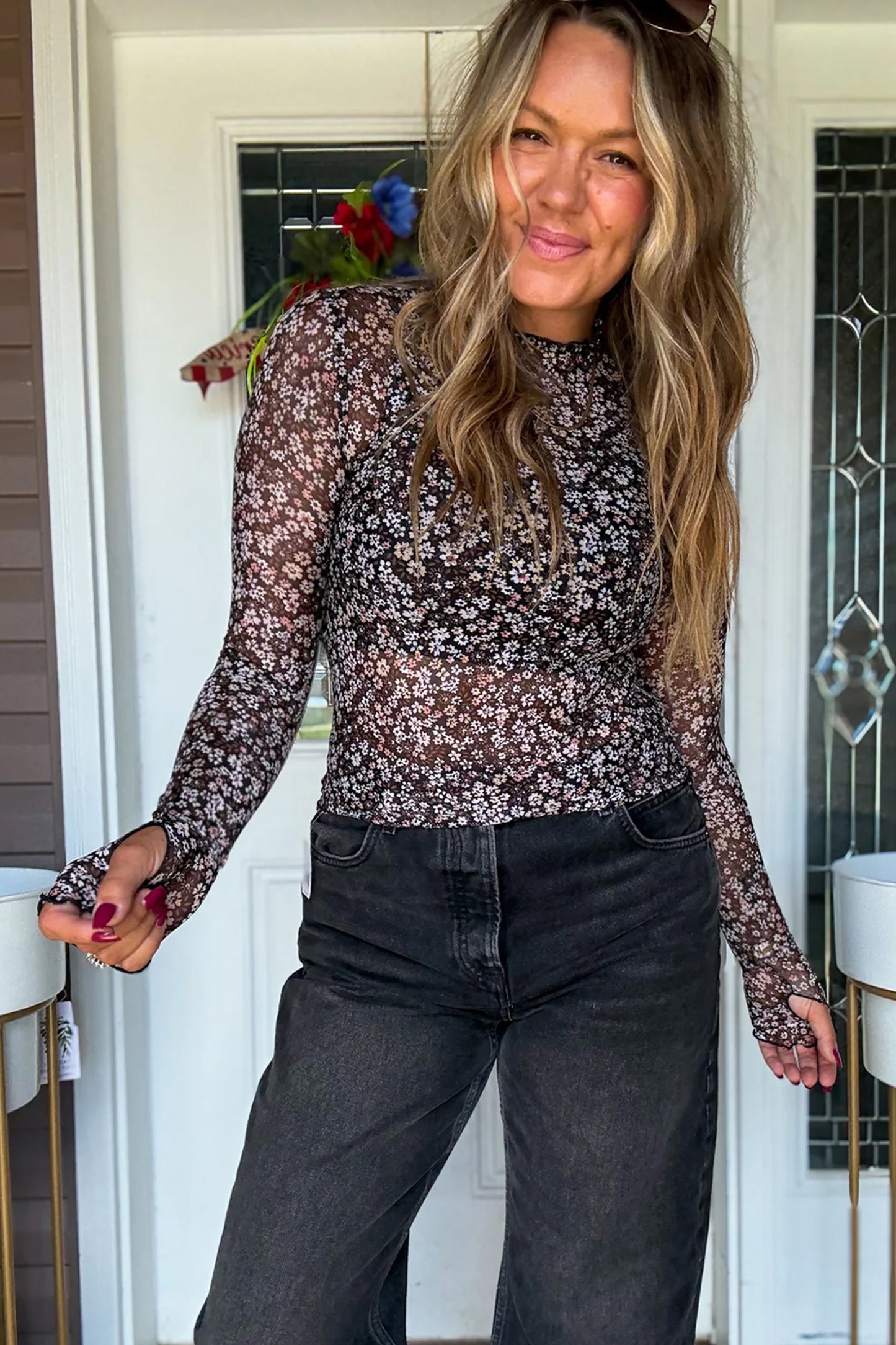 Black Ditsy Floral Mesh Thumbhole Sleeve Slim Fit Top