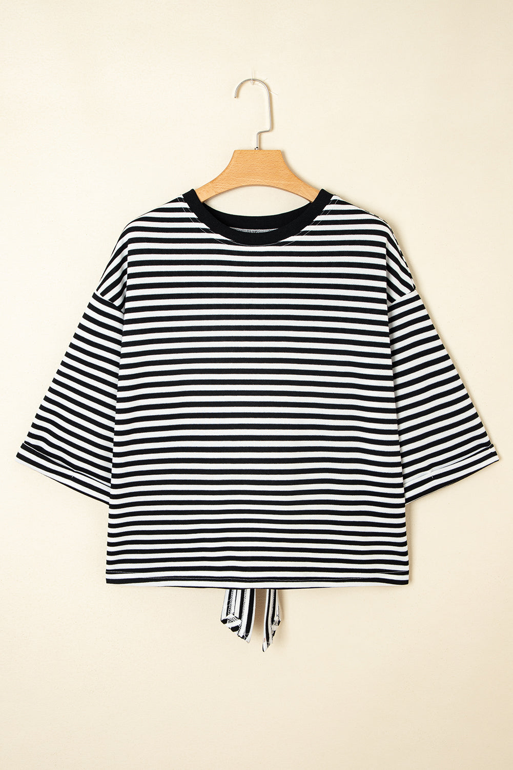 Black Stripe Bowknot Cutout Back Drop Shoulder Wide Bracelet Sleeve Loose Tee