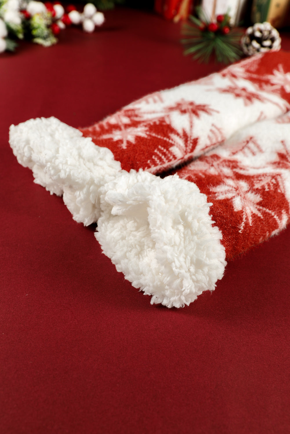 Fiery Red Christmas Snowflake Cozy Sherpa Lined Cabin Socks