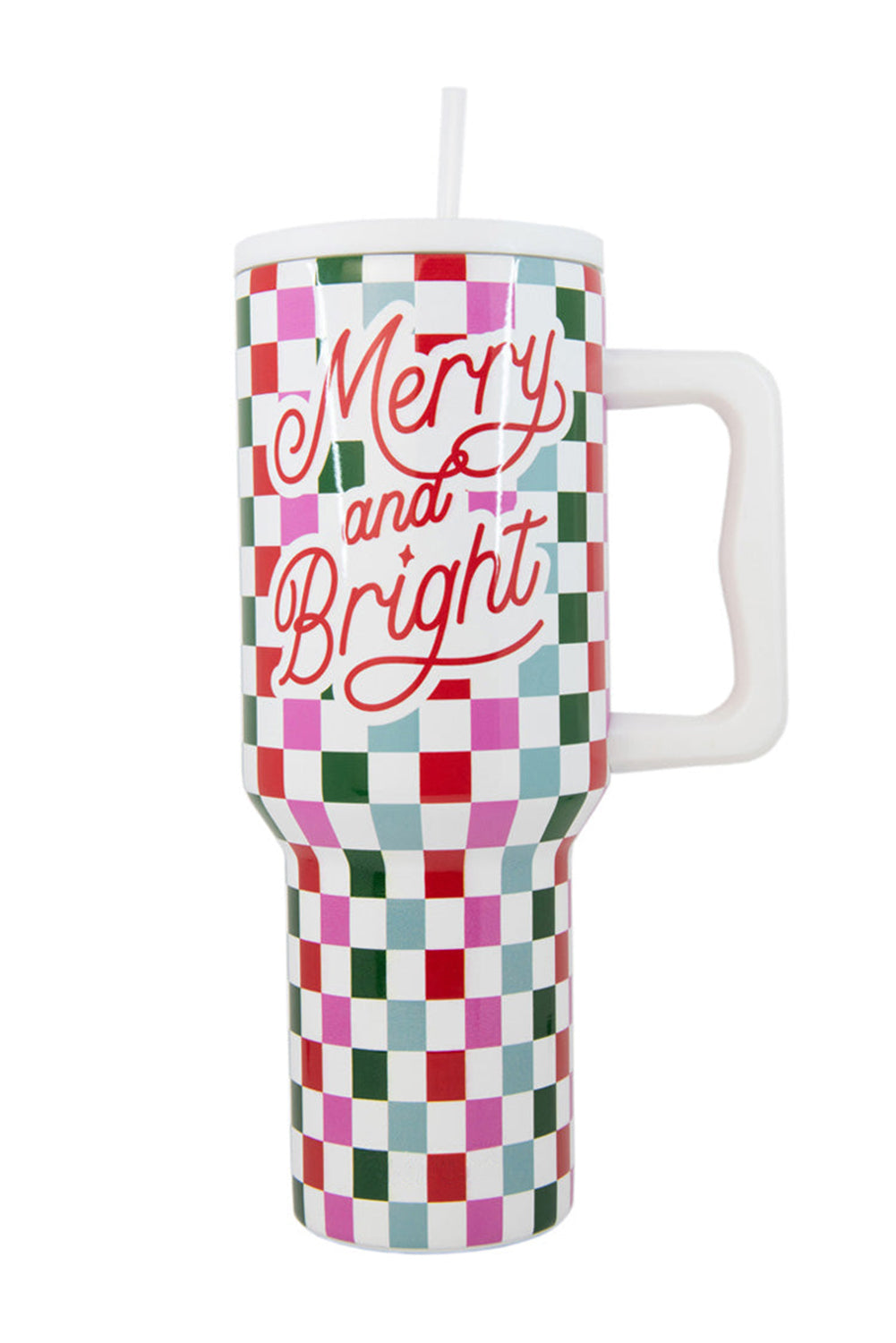 Red Merry and Bright Colorful Plaid Print Handle Portable Cup