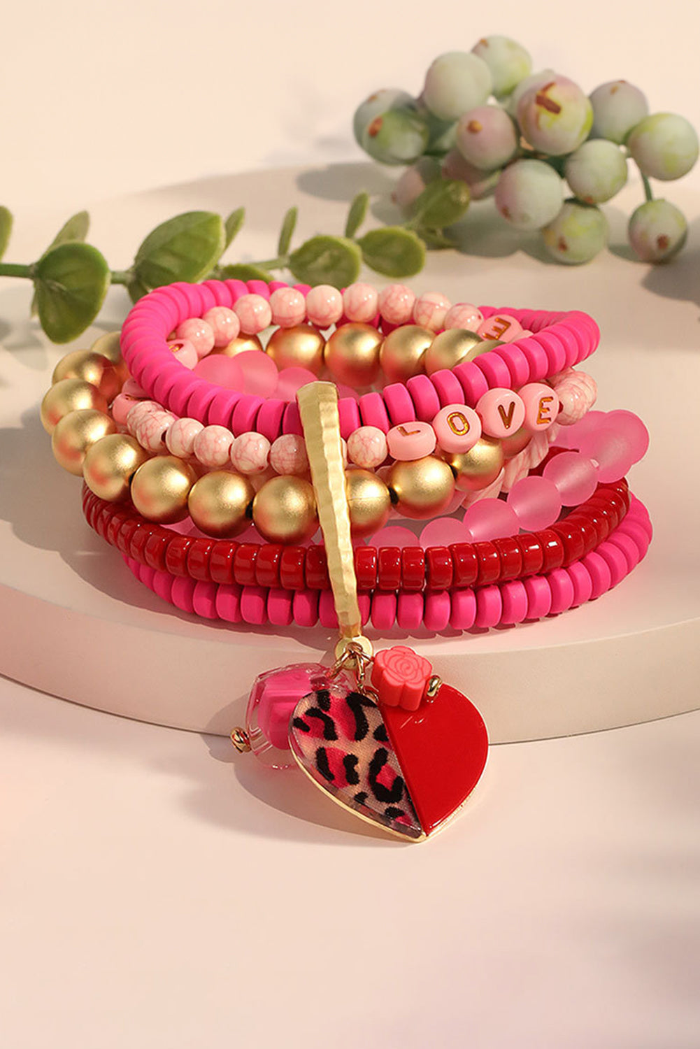 Rose Red Multi Beaded Stack Bracelet with Leopard Heart Charm