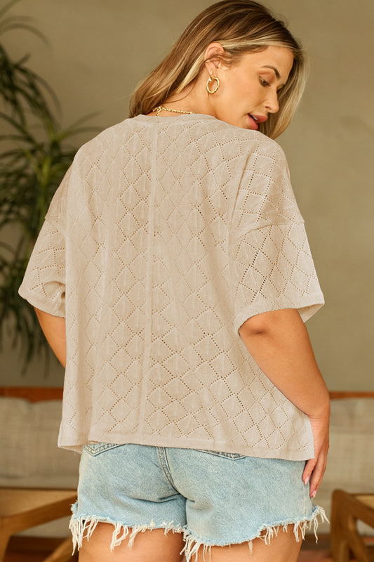 Golden Fleece Pointelle Rhombus Knit Plus Size V Neck Loose Top
