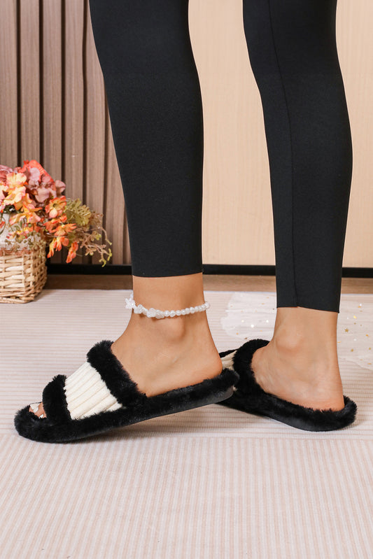 Black Plush Color Block Contrast Ribbed Patchwork Winter Slippers