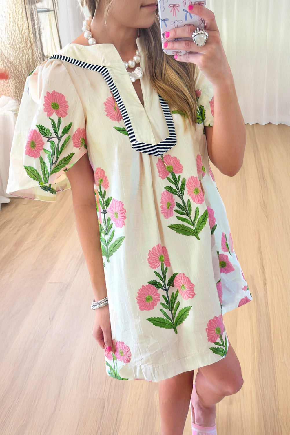 Apricot Floral Short Sleeve Split Neck Loose Mini Dress