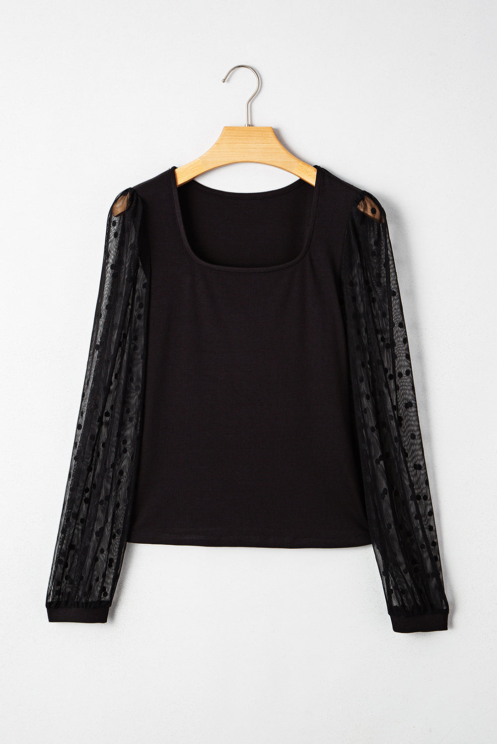 Black Polka Dot Mesh Puff Sleeve Patchwork Ribbed Square Neck Slim Top